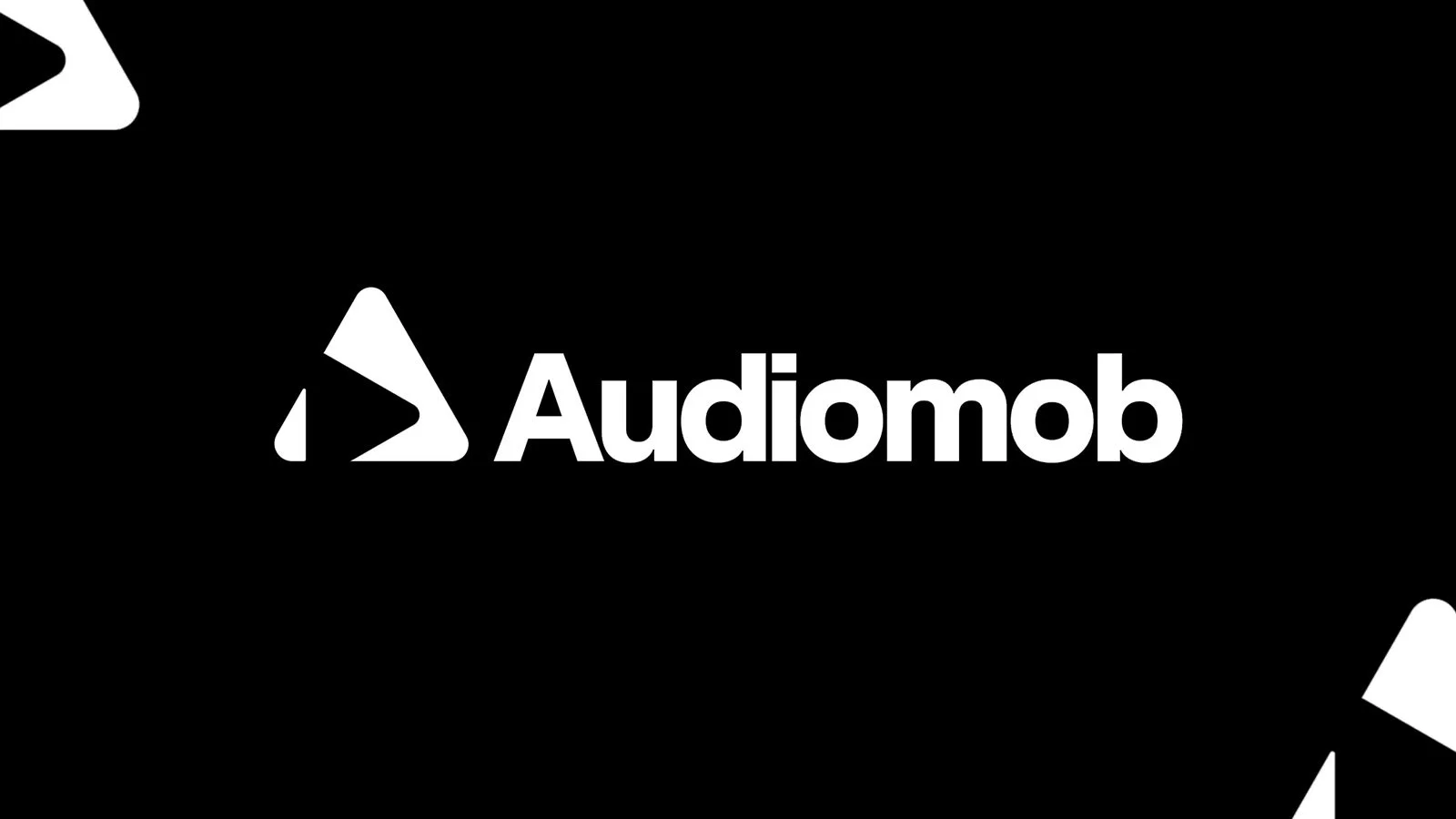 Black background with the white Audiomob logo and text in the center, surrounded by white geometric shapes.