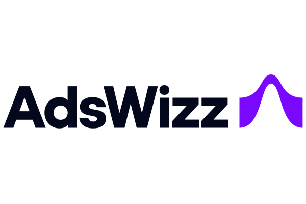 Adswizz logo with black text and a purple wave symbol on a black background.