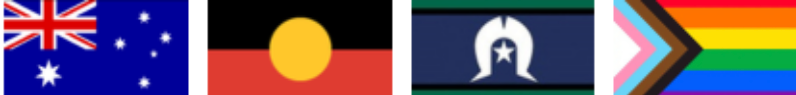 Australian, Aboriginal Australian, Libyan flag, and rainbow pride flag