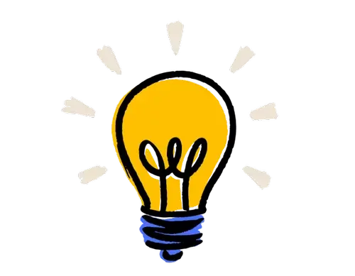 A cartoon illustration of a yellow lightbulb with rays emanating from it, symbolizing an idea or creativity.