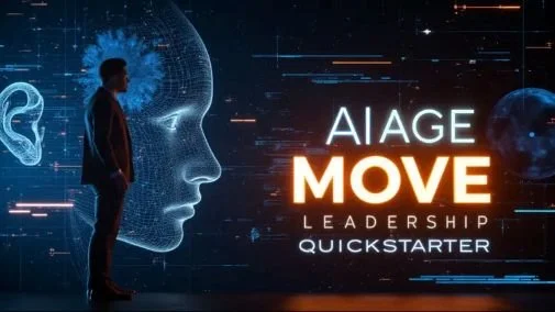 A person standing in front of a digital graphic of a human head and brain, with text that reads "AIAGE MOVE Leadership Quickstarter."