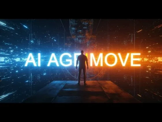 Silhouette of a person standing on a platform with digital blue and orange light effects resembling a futuristic city, and the text 'AI AG MOVE' in illuminated letters.