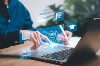 Person interacting with a futuristic holographic AI interface over a laptop