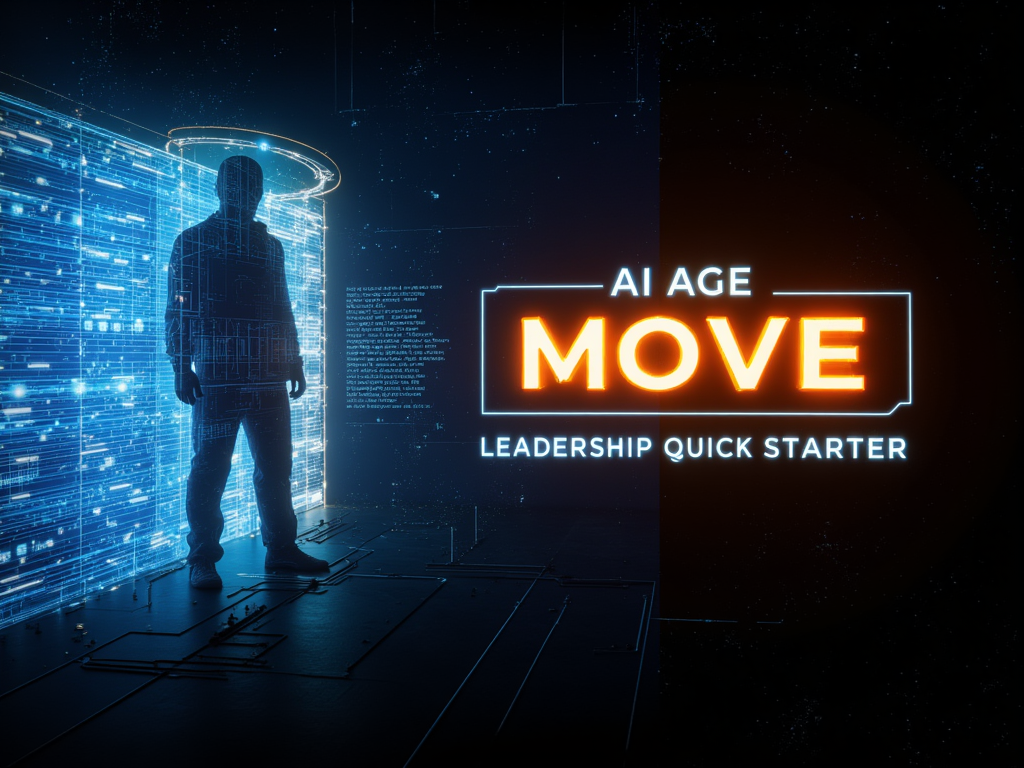 A person standing in a digital, futuristic environment with holographic and glowing interface elements. Text overlay reads 'AI Age MOVE Leadership Quick Starter'.