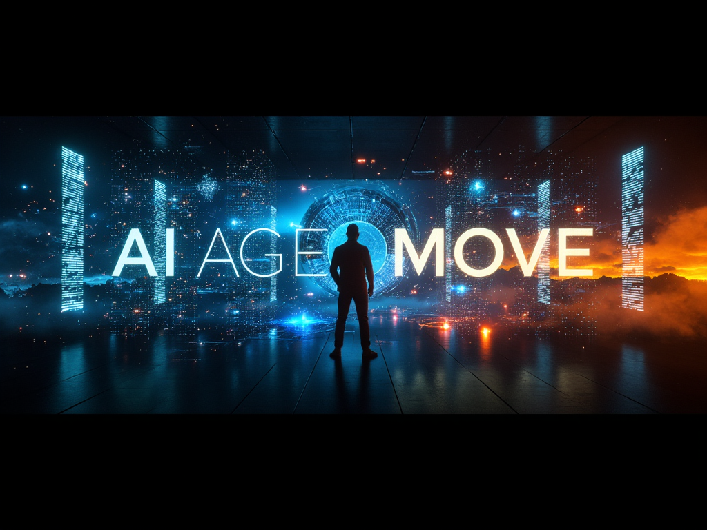 A person standing in front of a digital futuristic display with the words 'AI AGE MOVE' and cityscape imagery in the background.