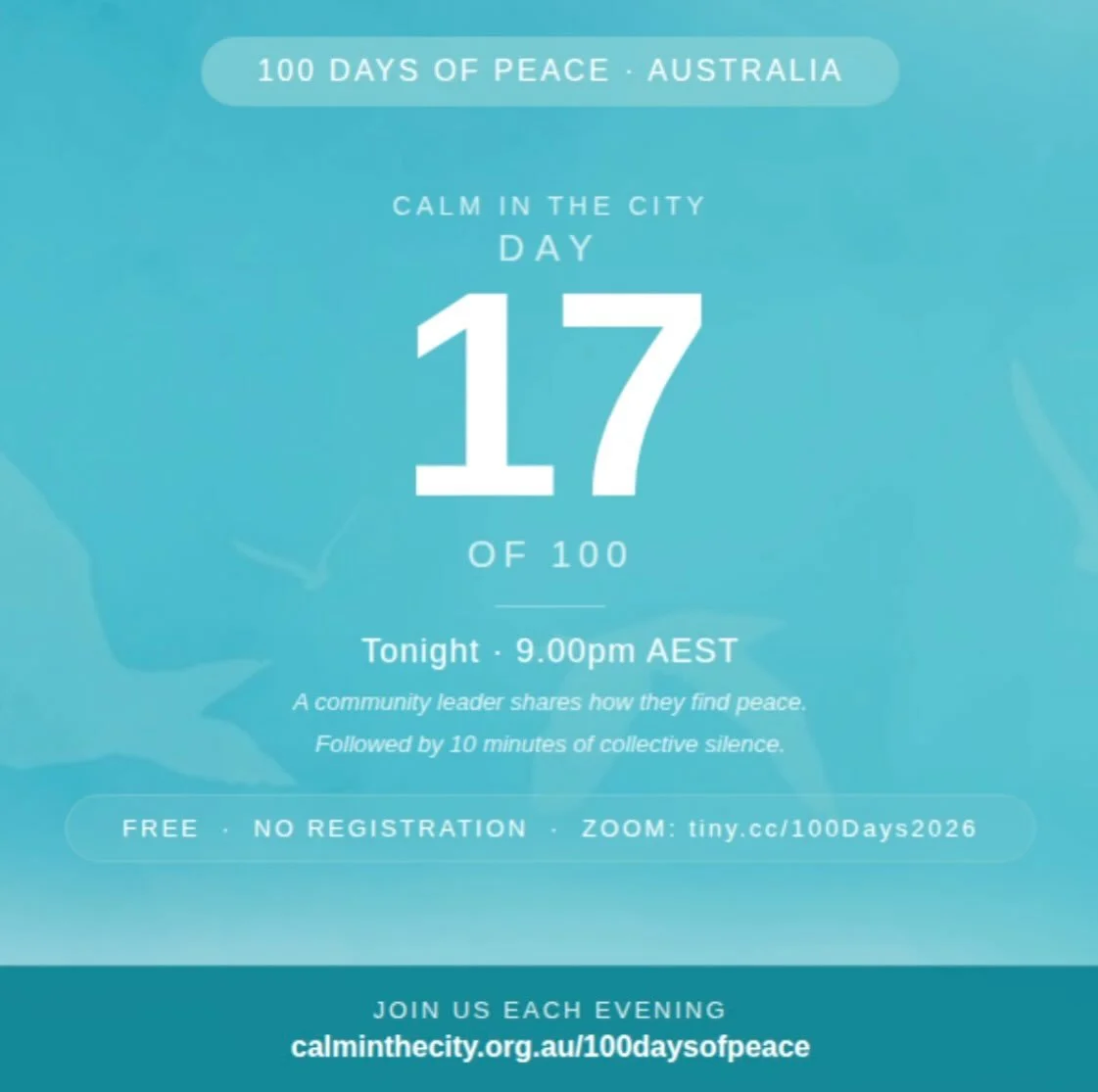A community leader shares their reflection on peace.
Then 10 minutes of collective silent meditation.
Together. Free. No registration. Simply click the link in bio at 9.00pm.
Please share with someone who needs a moment of peace tonight. *
#100DaysOf