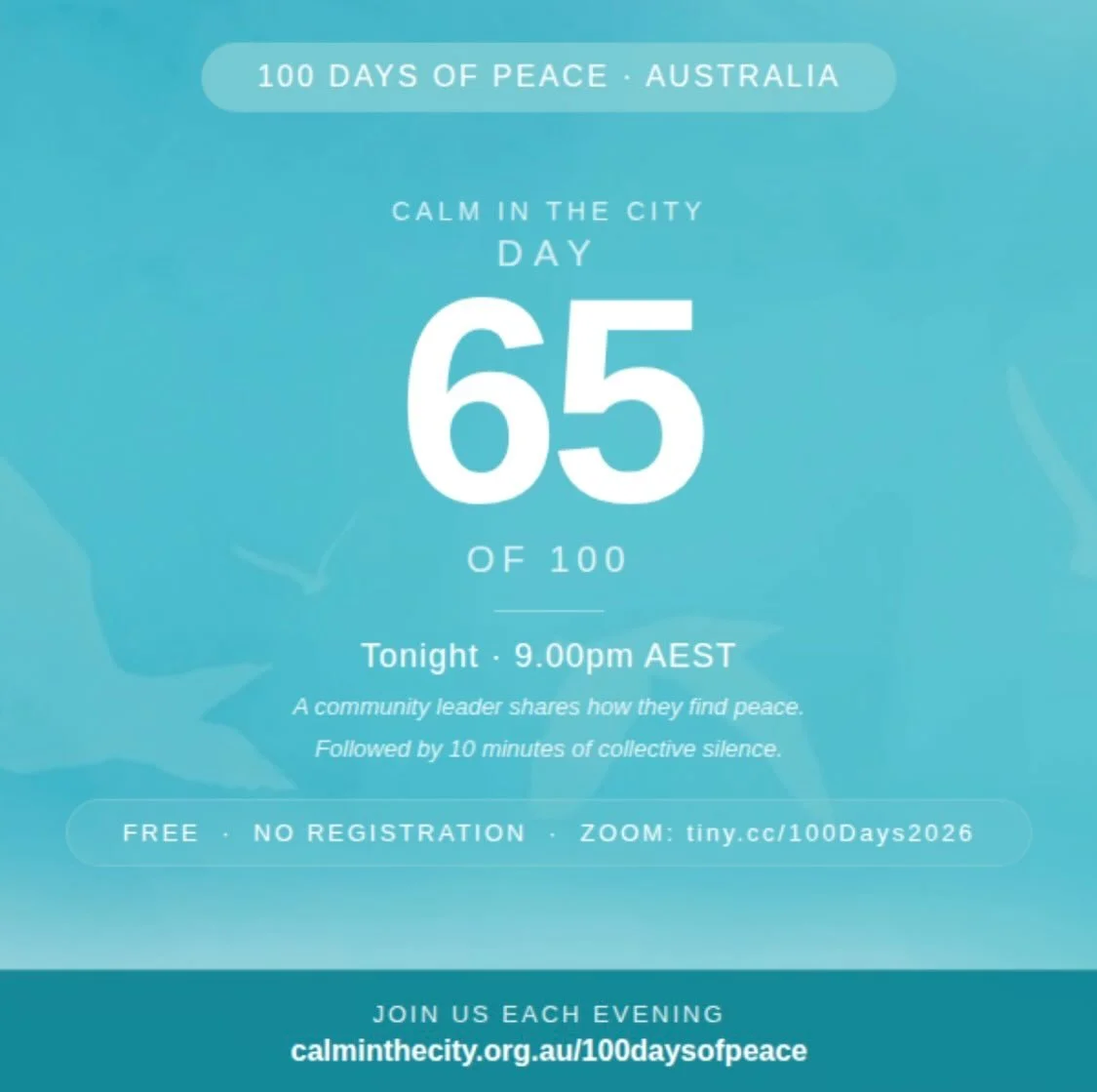 Remember, all the voices of peace can be found at calminthecity.org.au A community leader shares their reflection on peace.
Then 10 minutes of collective silent meditation.
Together. Free. No registration. Simply click the link in bio at 9.00pm.
Plea