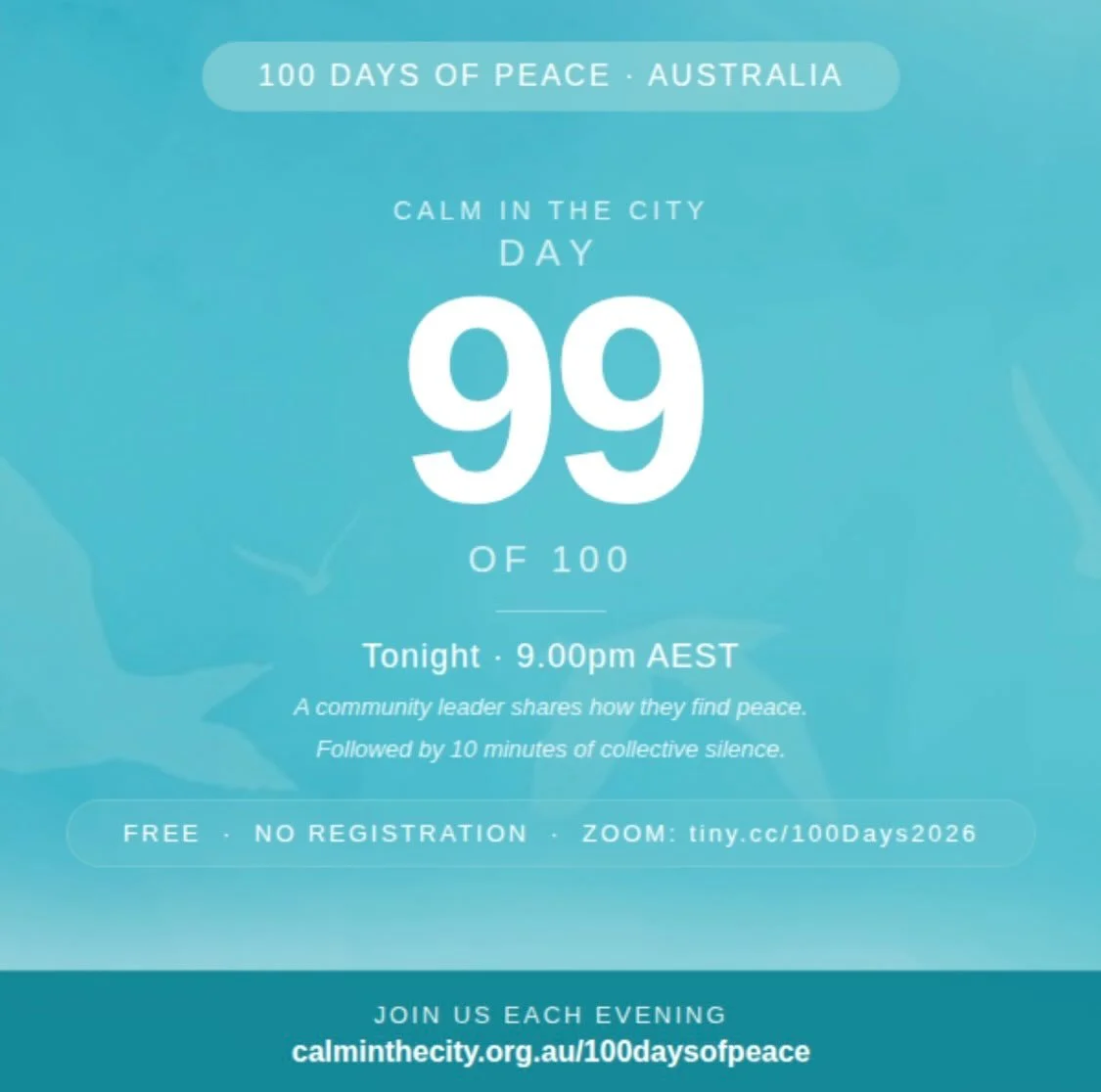 Almost there. But still each night a community leader shares their reflection on peace.
Then 10 minutes of collective silent meditation.
Together. Free. No registration. Simply click the link in bio at 9.00pm.
Please share with someone who needs a mo