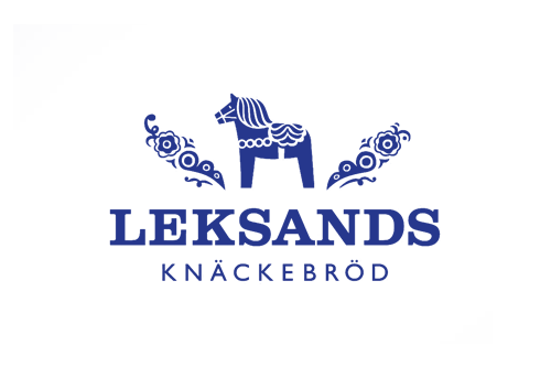 Logotyp för Lekands Knäckebröd med en häst och dekorativa element.