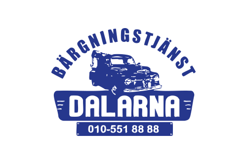 Logotyp för Bärgningsstället Dalarna med en bil och ett telefonnummer.