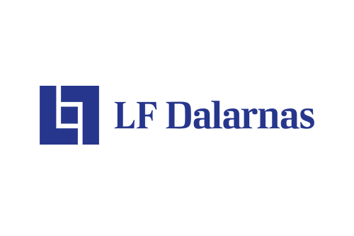 Logotyp för LF Dalarna med en blå grafisk ikon och blå text.