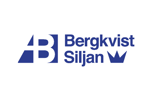 Logotyp för Bergkvist Siljan med blå text och en stiliserad krona.