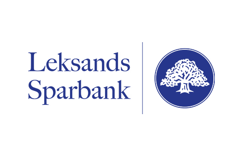 Logotyp för Leksands Sparbank med blå text och en blå sköld med ett träd.