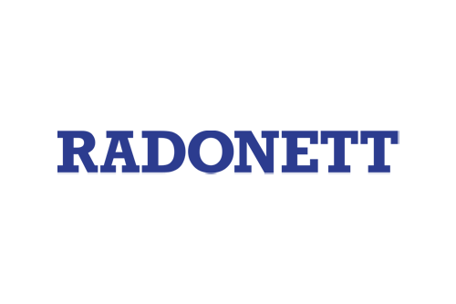 Logotyp med ordet Radonett i blå text på svart bakgrund.