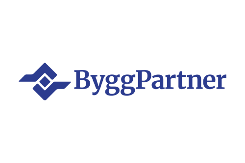 Logotyp för ByggPartner med en blå bild på en byggnad och texten 'ByggPartner' på svenska.
