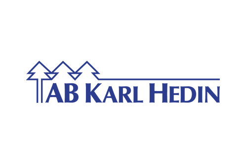 Logotyp för företaget AB Karl Hedin med blåa text och trädsymboler.