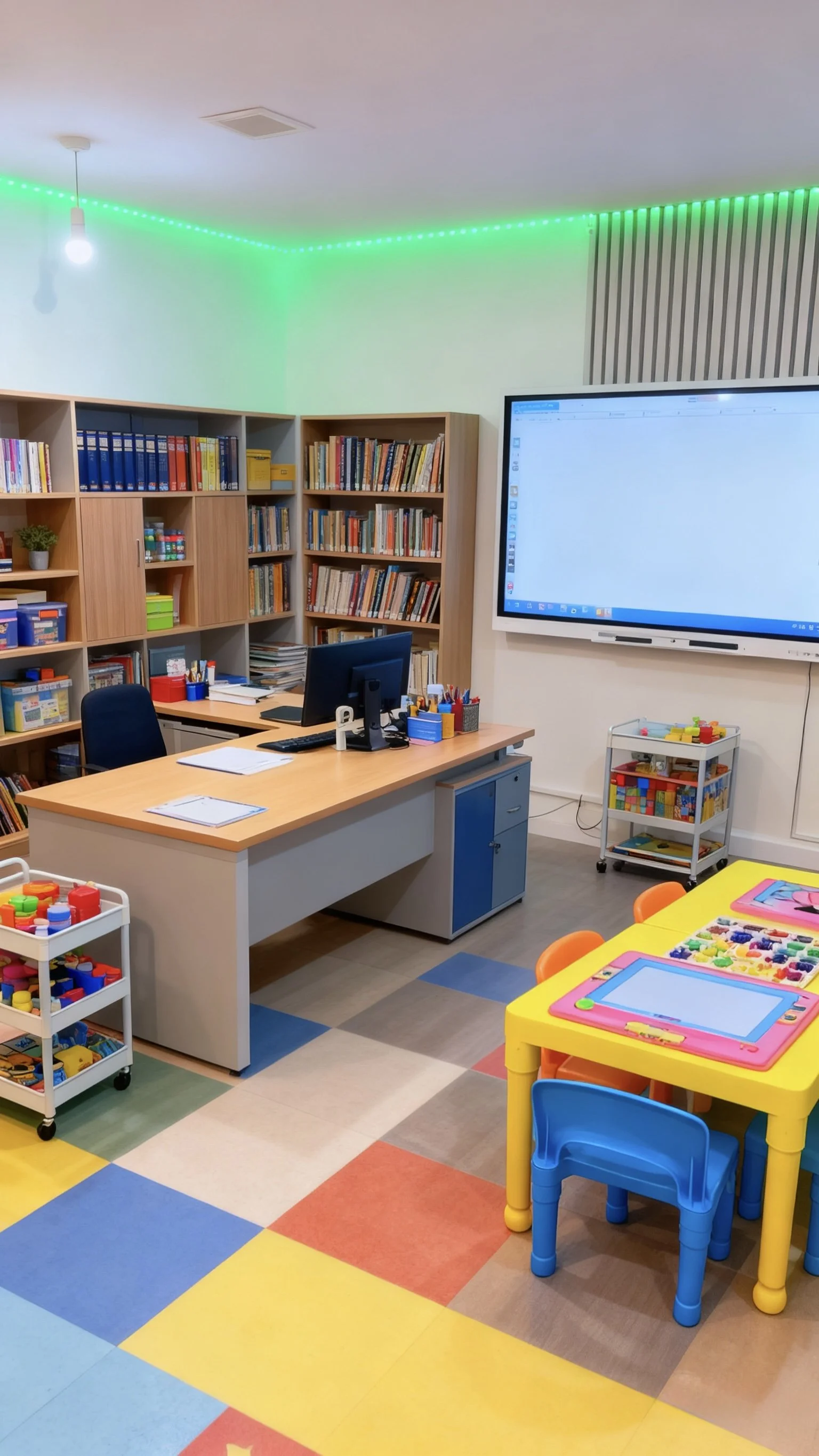 Colorful classroom with bookshelves, a desk, a computer, and small tables with toy art supplies, decorated with green LED lighting on the ceiling.