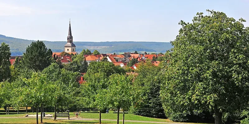 Blick auf einen kleinen Ort mit roten Dächern, umgeben von grünen Bäumen und Wiesen, im Hintergrund ein Kirchturm und Hügel.