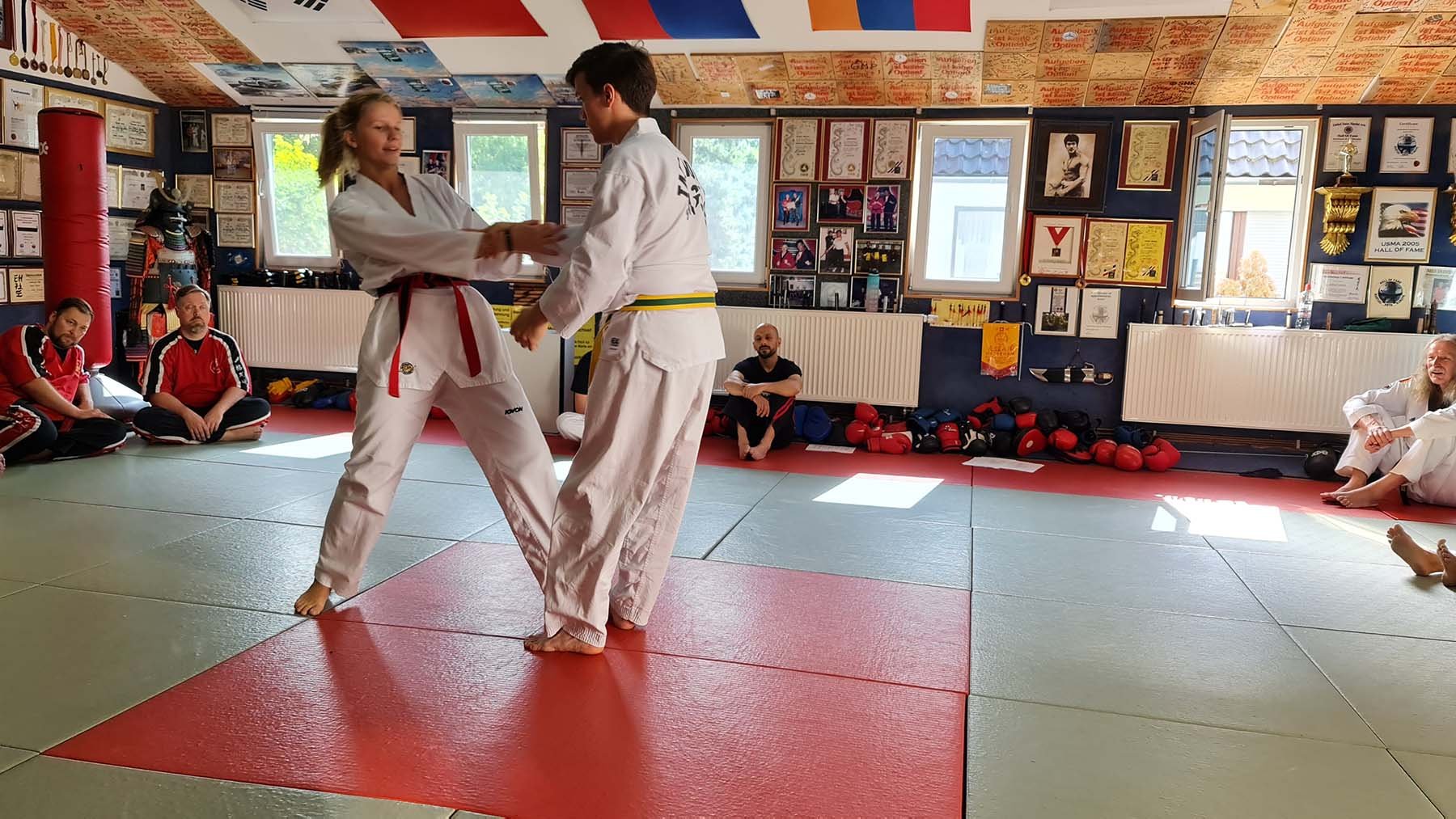 Zwei Karateka trainieren im Dojo, umkreisen sich im Gürtelkampf. Weitere Schüler und Lehrer sitzen auf dem Boden, beobachten das Training. Das Yoga-Matten sind rot und grün. Die Wände sind mit Urkunden, Fotos und Anzügen geschmückt. Große Fenster lassen Tageslicht in den Raum.