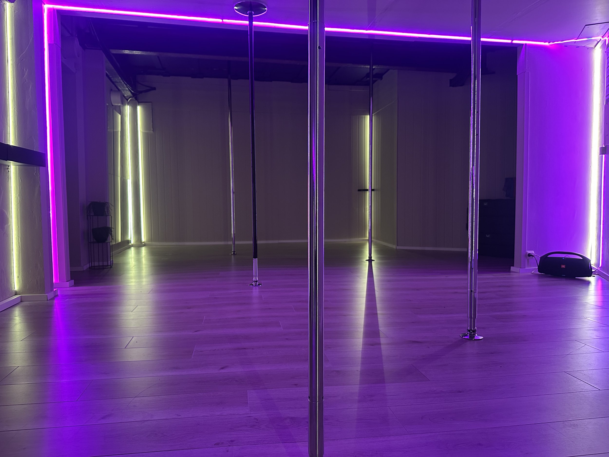 The studio. The image shows four poles and a purple light covering the room.