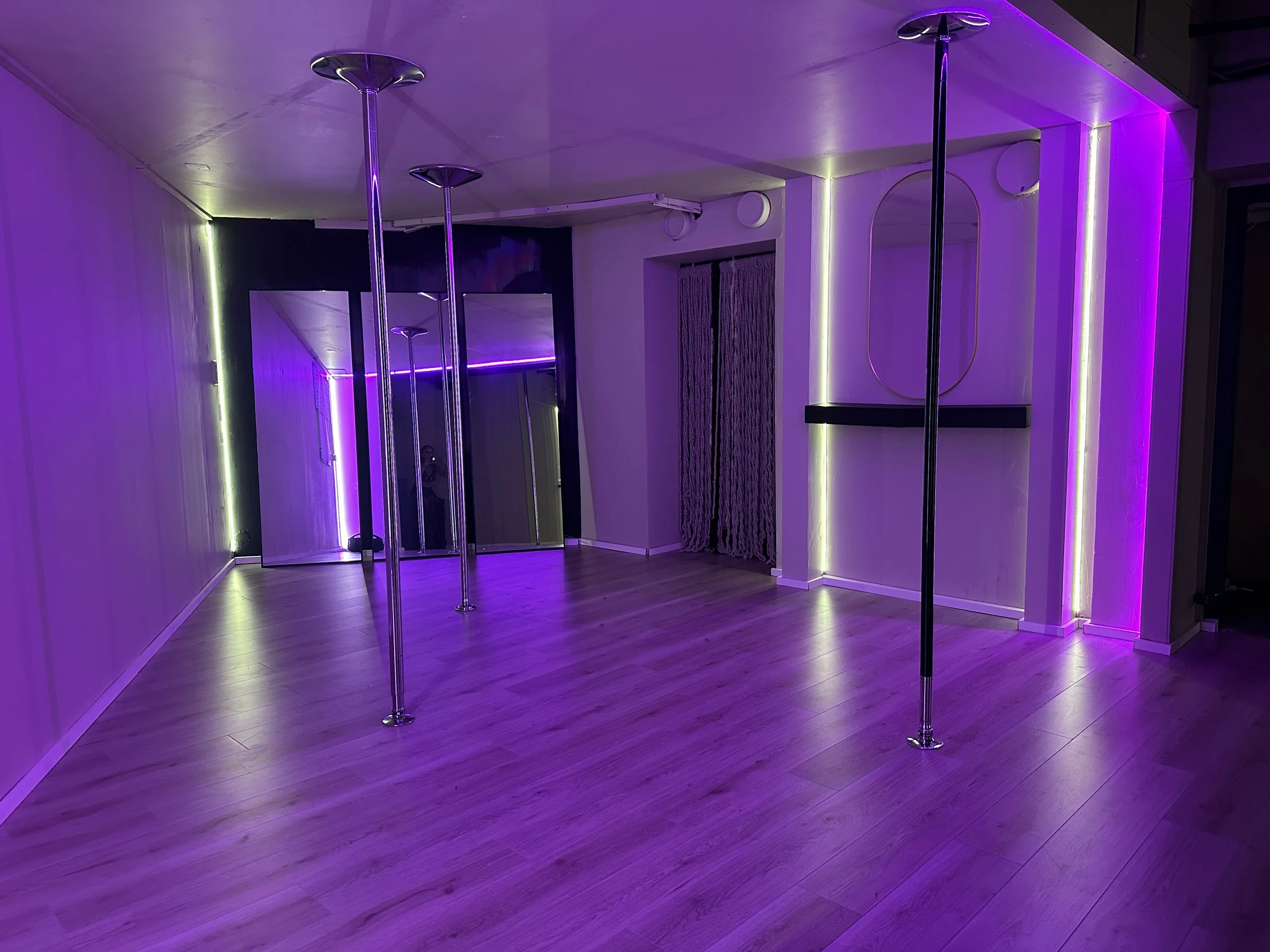 The pole studio. The image shows three poles with a purple light covering the room.