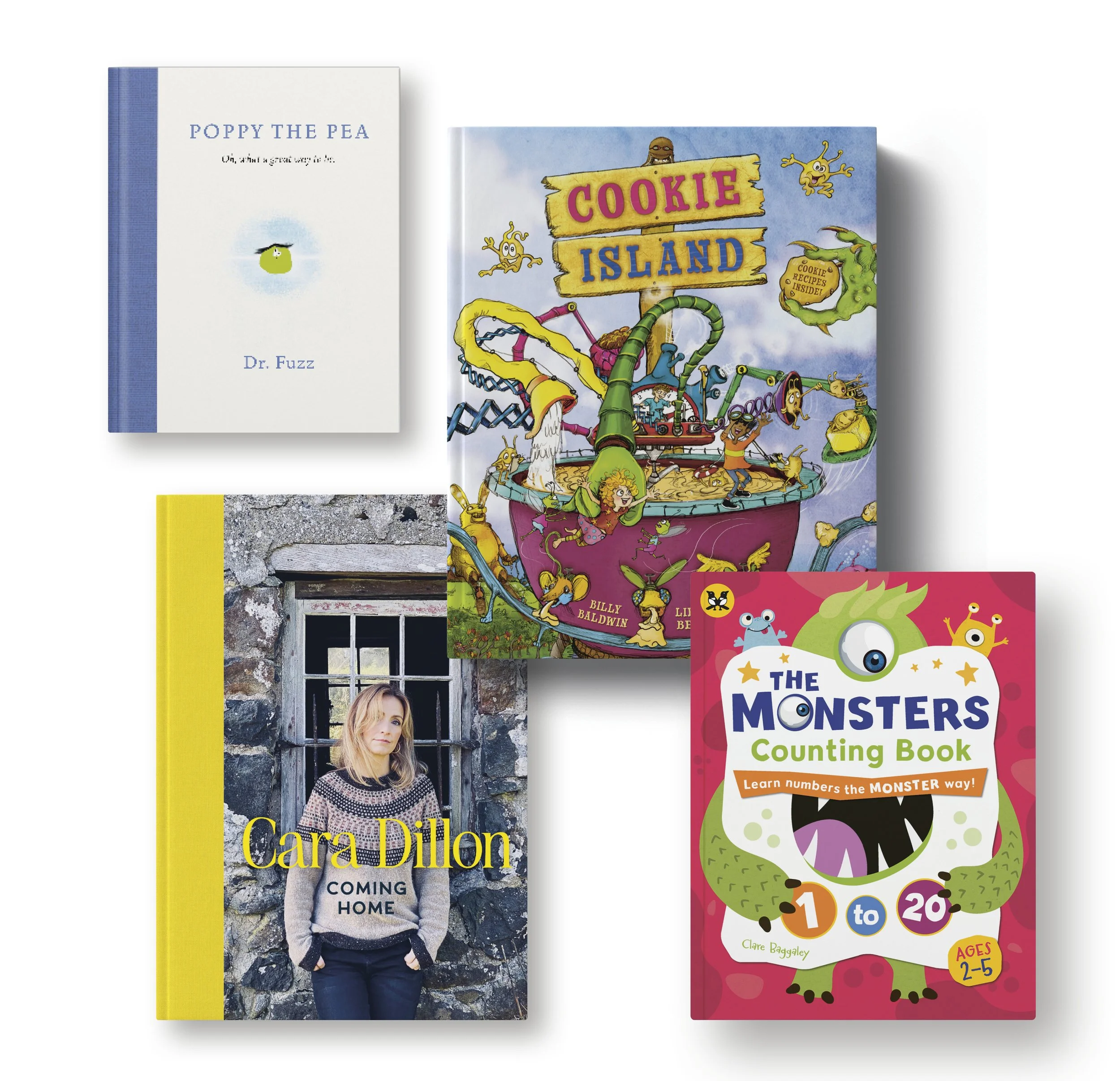 A collection of children's books, including 'Poppy the Pea,' 'Cookie Island,' and 'The Monster Counting Book.'