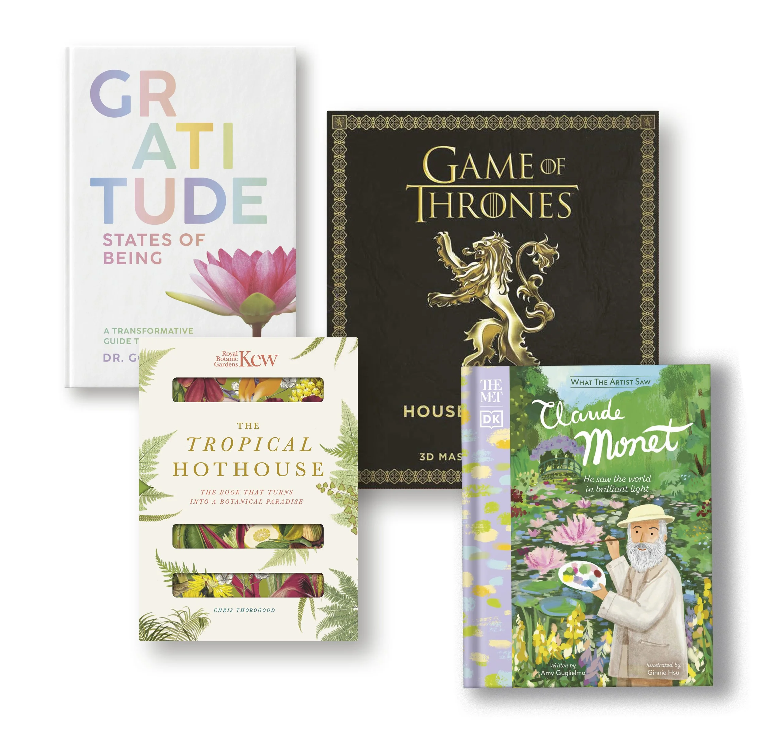 Collection of books about nature, art, and culture, including titles like "Gratitude", "Kew Gardens",  "Game of Thrones," and "Claude Monet," with colorful and artistic cover designs.