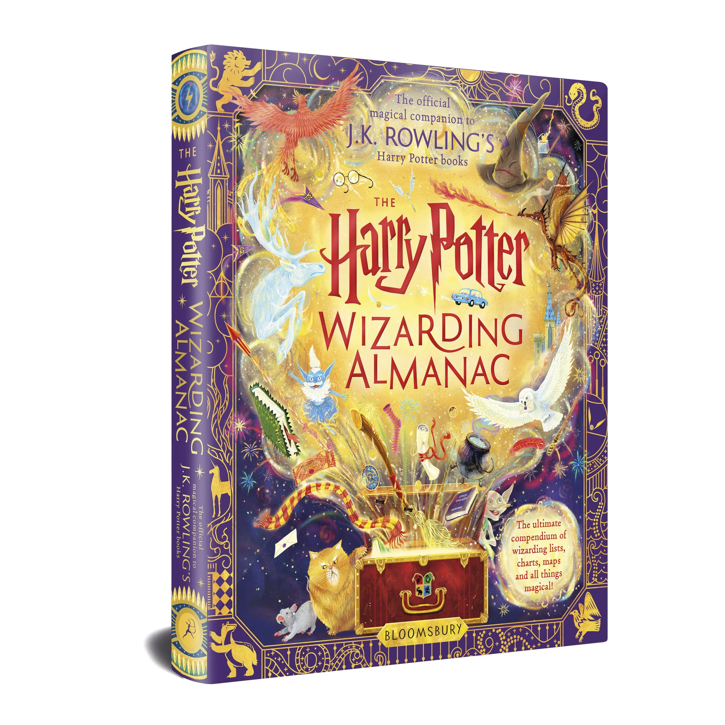 A colorful book cover for 'The Harry Potter Wizarding Almanac' by Bloomsbury featuring wizard-themed illustrations like a phoenix, dragon, owl, and various magical symbols and creatures with a predominantly purple and gold color scheme.