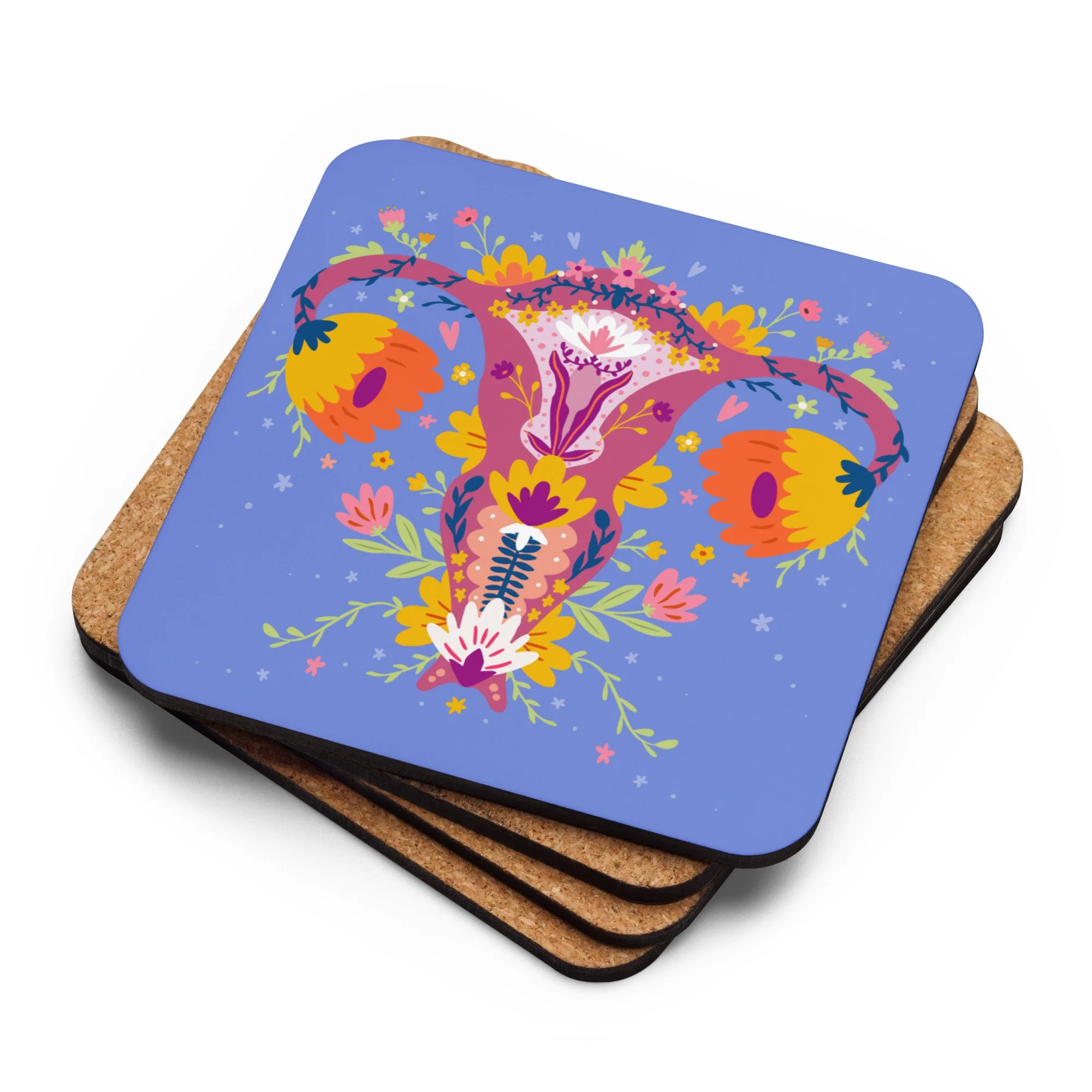Colorful floral design on a rectangular surface, with a blue background and cork edges. Up Yours Menopause!' merchandise.