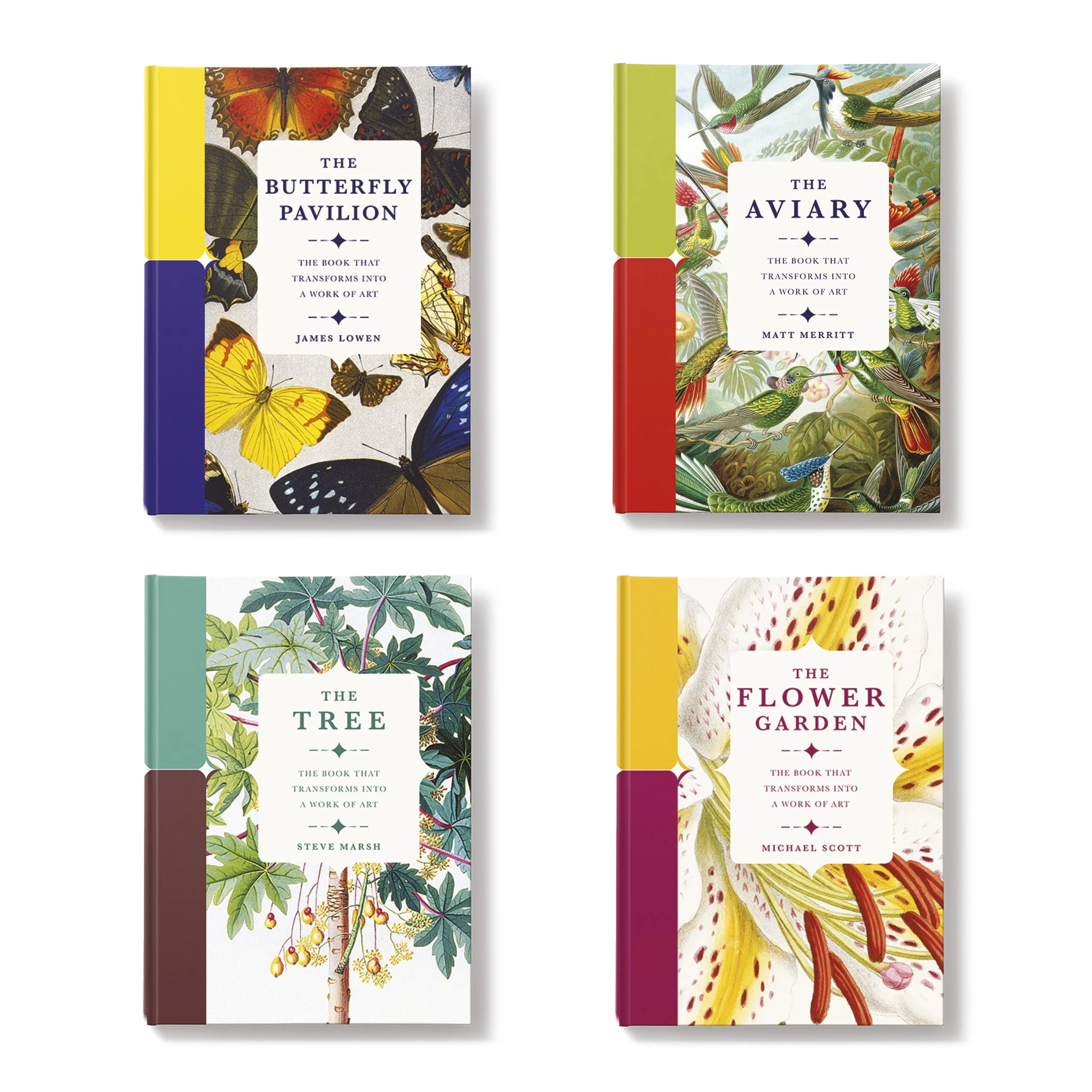 Four hardcover books with botanical and animal illustrations on the covers, arranged in two rows with two books each.