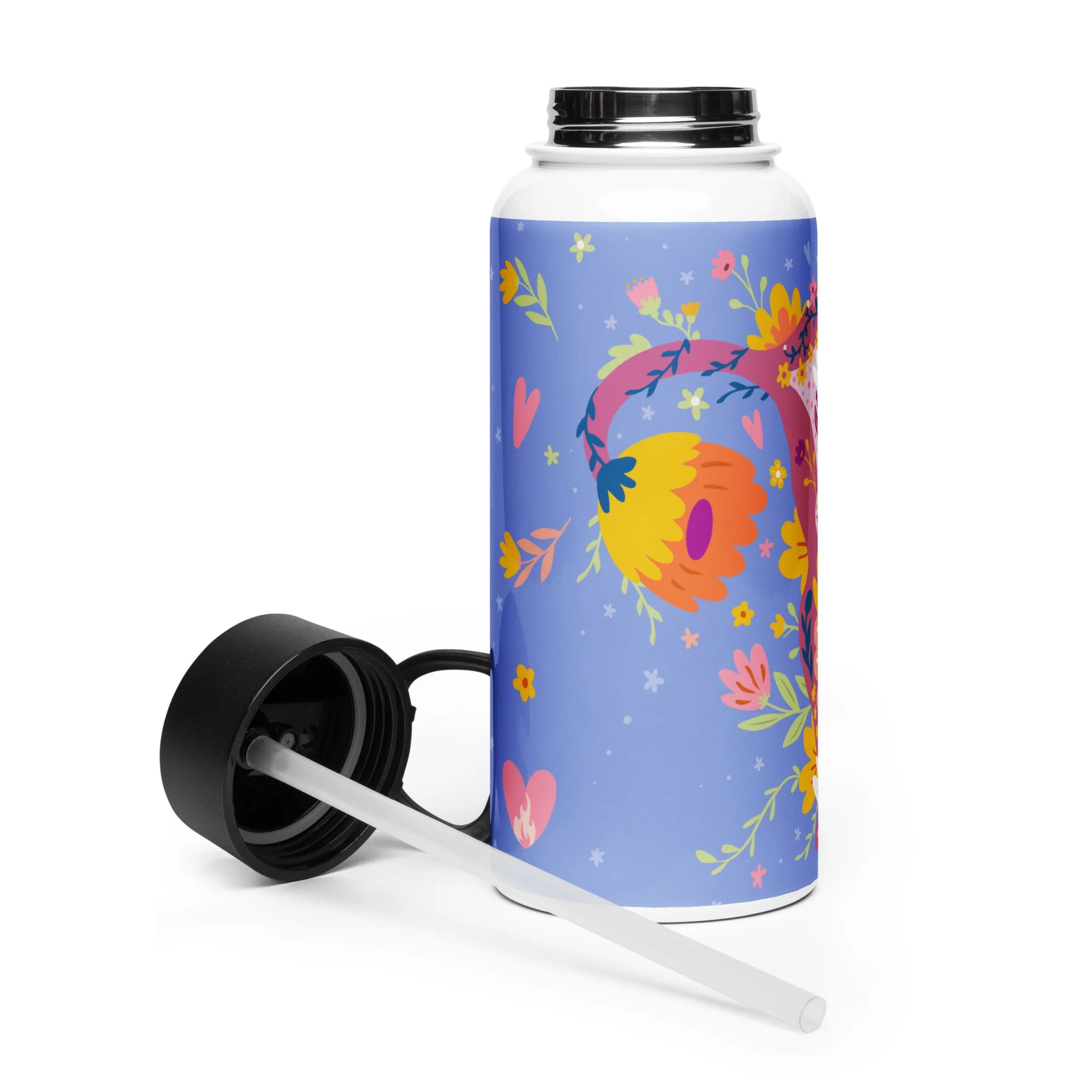 A reusable colorful water bottle with a floral pattern, black lid, and a white straw. Up Yours Menopause!' merchandise.