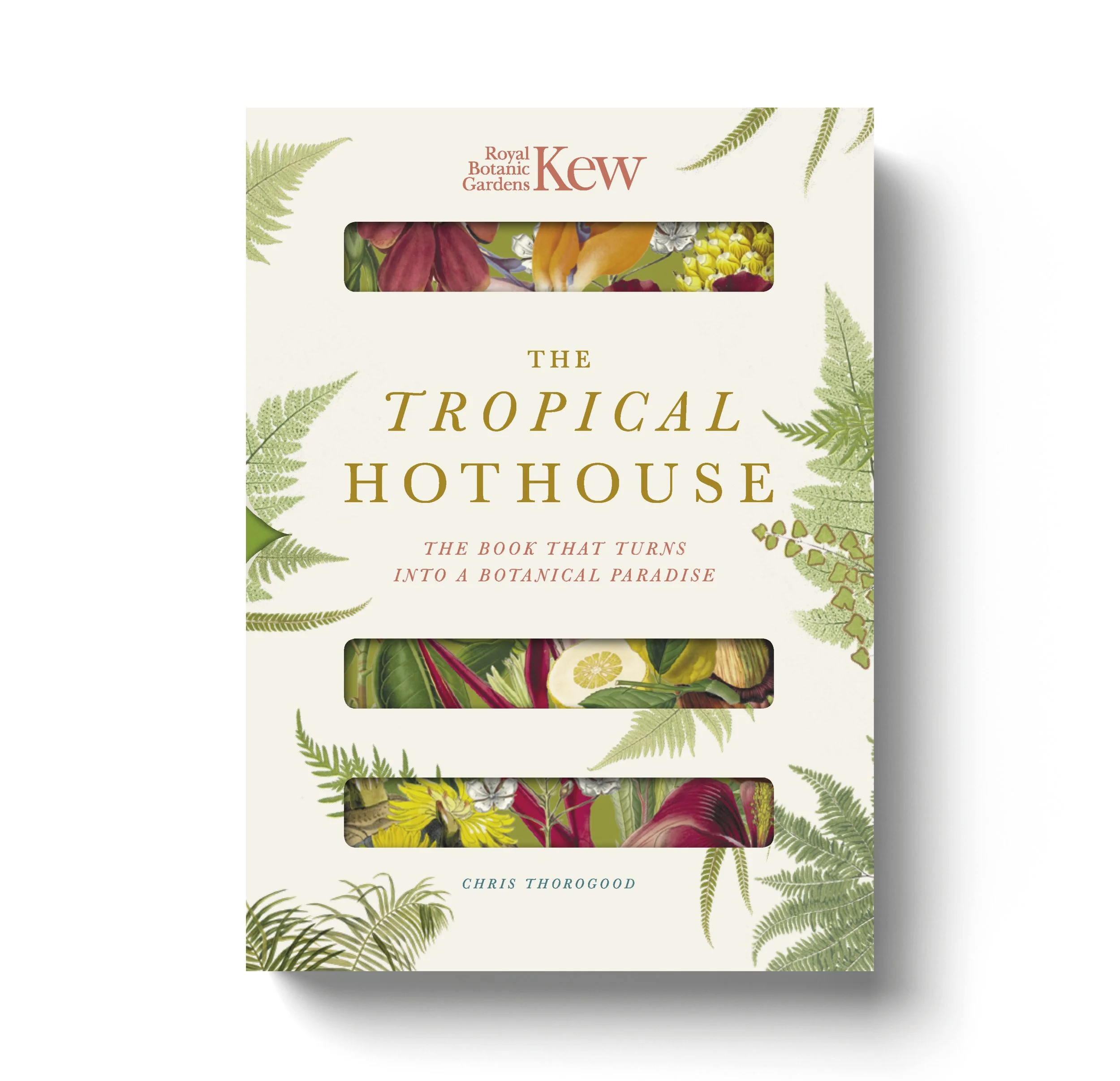 Book cover titled "The Tropical Hothouse" by Chris Thorogood, featuring botanical illustrations of leaves and colorful tropical flowers.