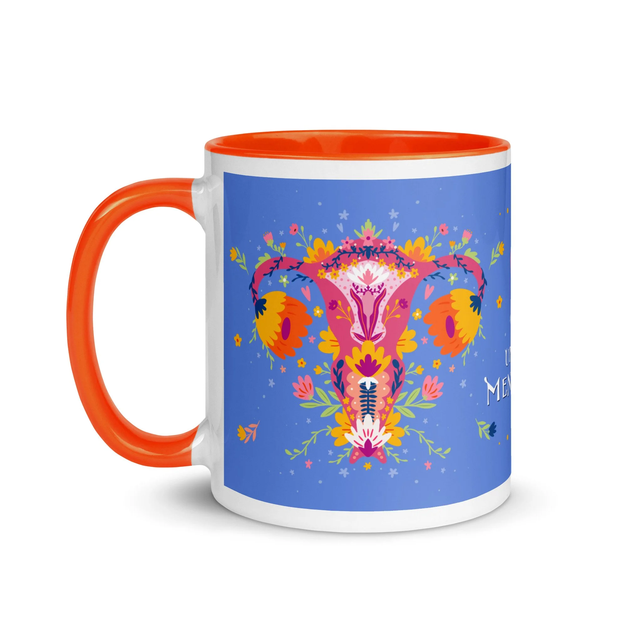 Ceramic mug with orange handle and interior, featuring a colourful menopause decorative design with floral and intricate motifs on a blue background. Up Yours Menopause!' merchandise.