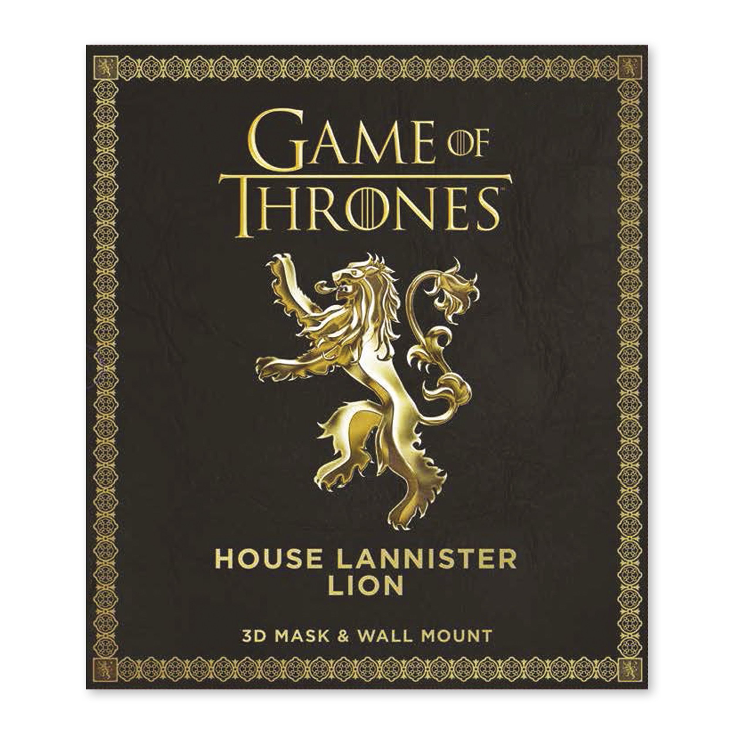 Black packaging box with gold ornate border, gold logo of a lion, and gold text that reads 'Game of Thrones House Lannister Lion 3D Mask & Wall Mount'.
