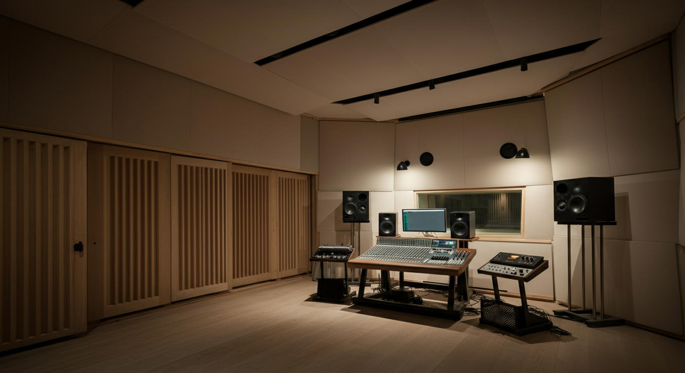 Recording studio with mixing console, studio monitors, and audio equipment