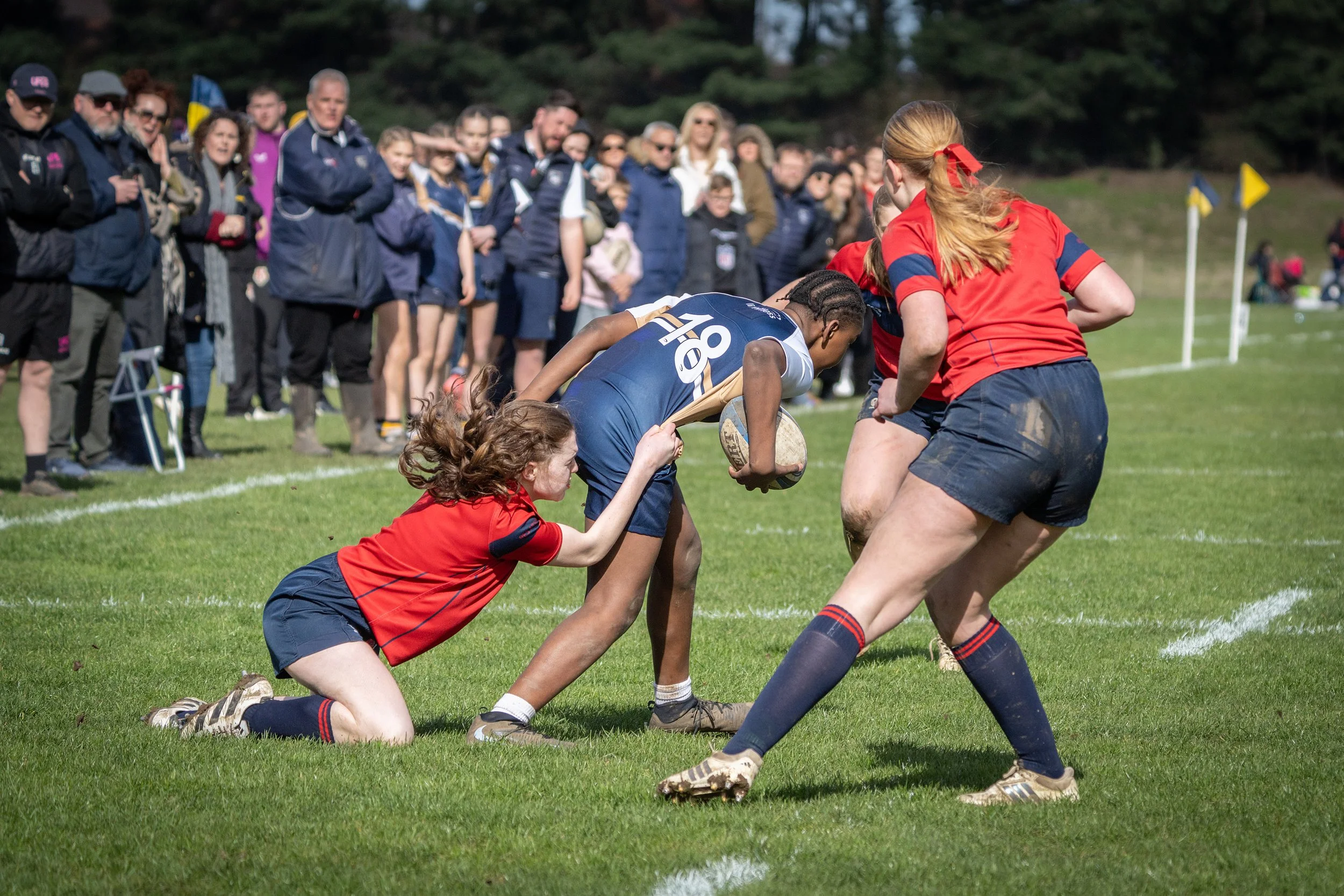 A rugby game showing players in red and navy uniforms competing for the ball on a grassy field, with spectators watching from the sidelines.
