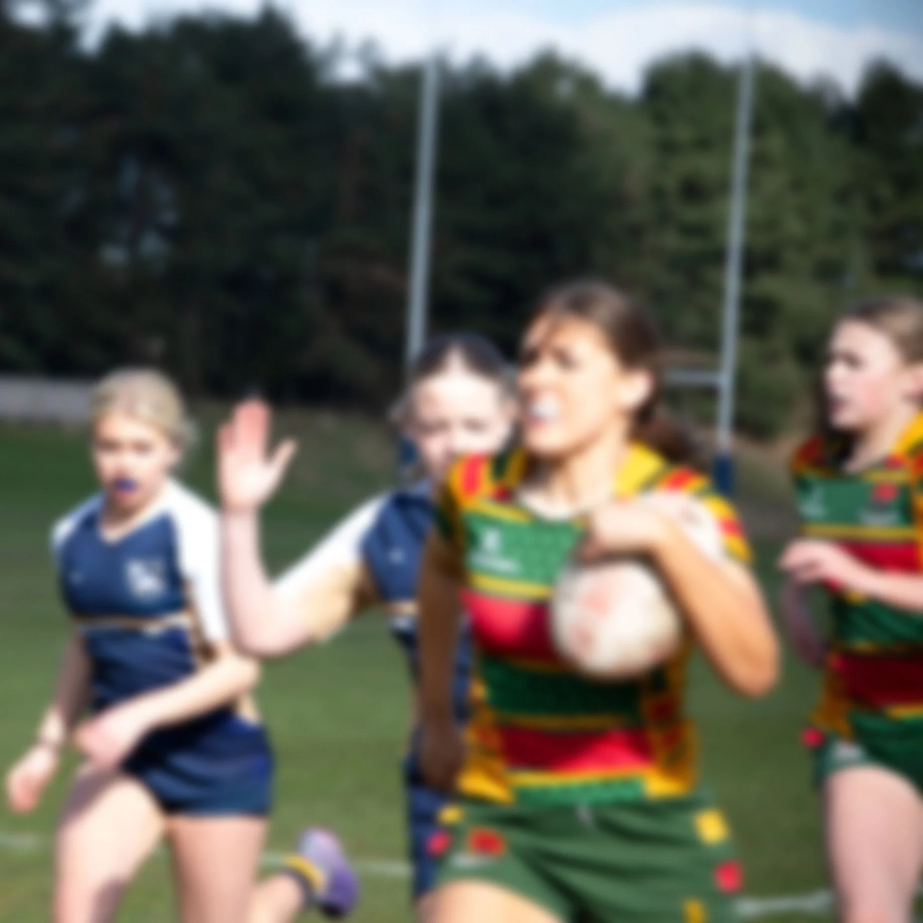 Group of children running outdoors on a grassy field, some wearing colorful sports jerseys.