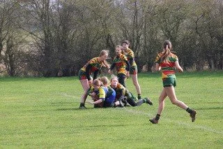 A rugby game with players on the field, some on the ground and others standing, engaging in a tackle, on a grassy field with trees in the background.