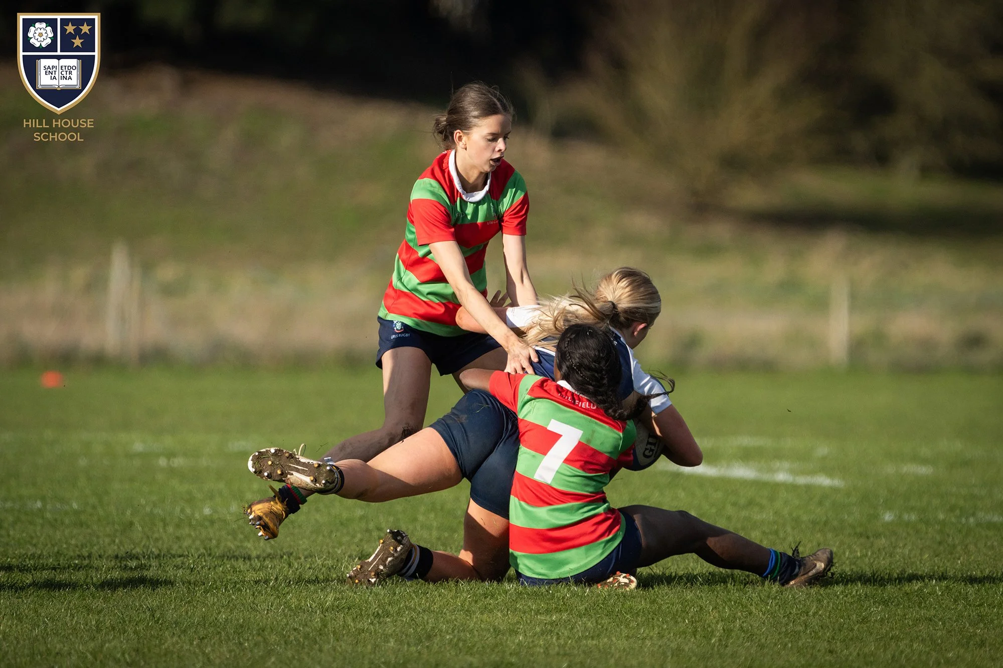 A women's rugby game with two players tackling each other on a grassy field. One player in a red and green striped jersey is holding the ball, while the other in similar attire is on the ground. A third player in the background is engaged in the play