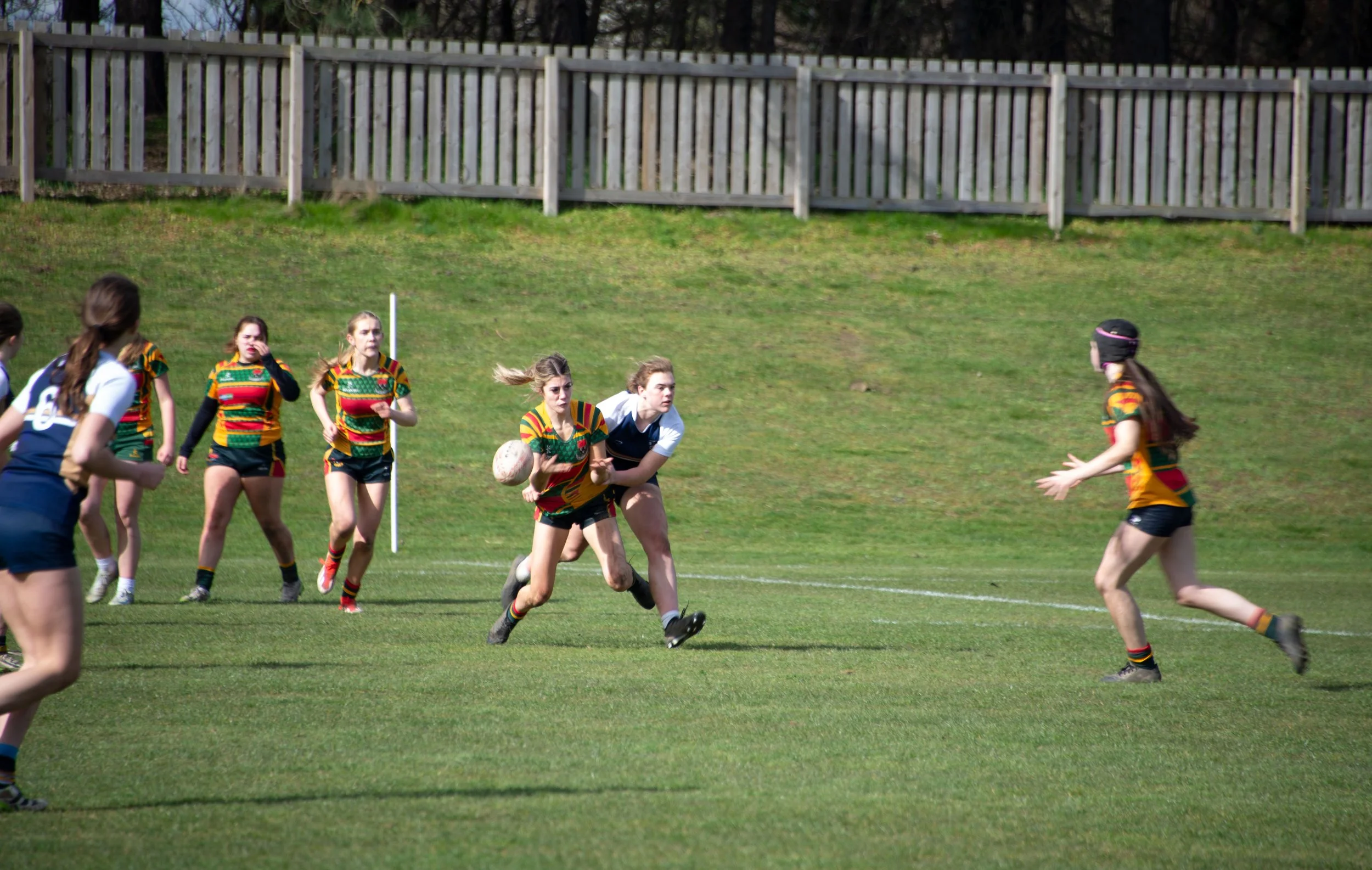 Girls playing rugby on a grassy field, some wearing colorful striped jerseys and some in white shirts, with a wooden fence and trees in the background.