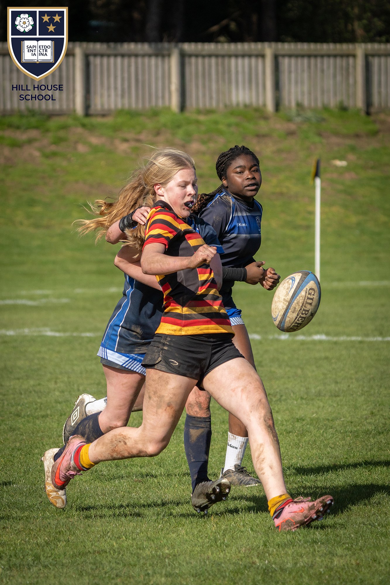 Three female rugby players running on a grassy field during a game, with a wooden fence in the background, and a rugby ball in play.