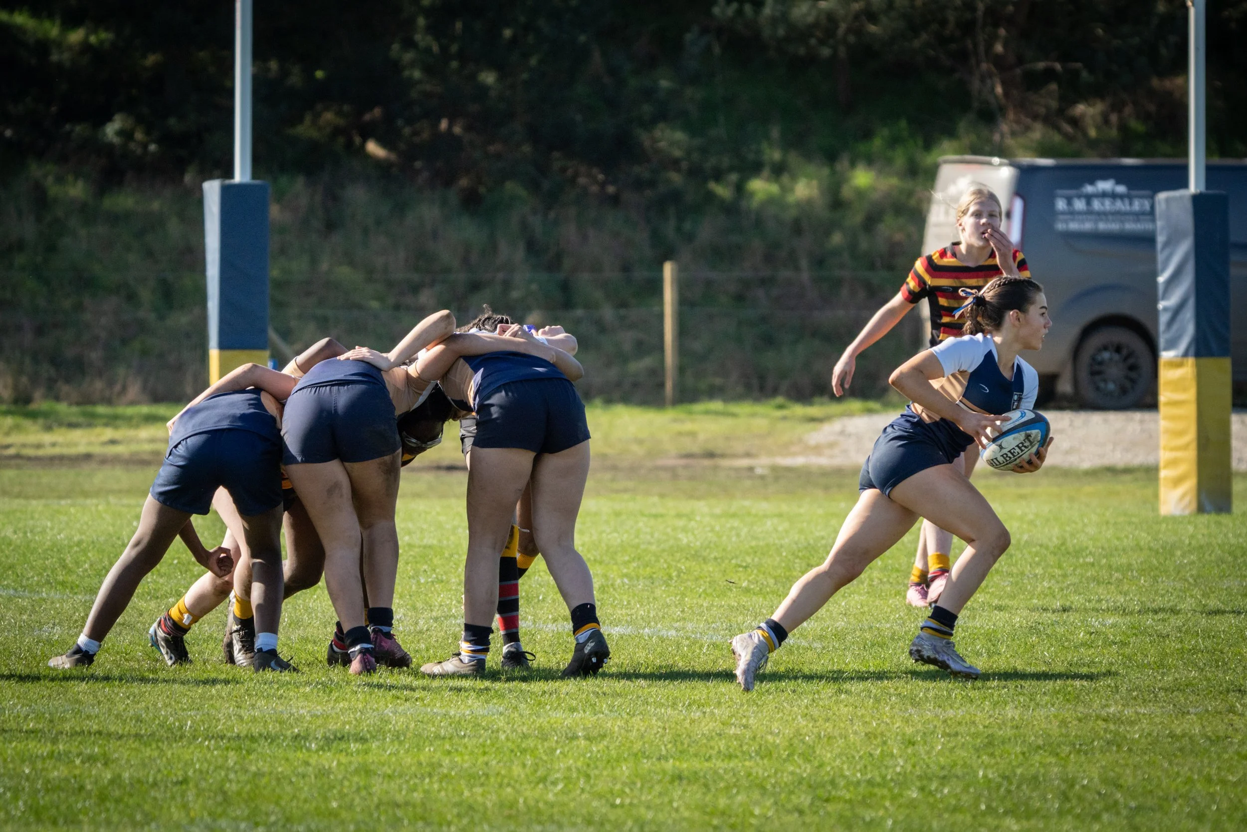 Girls playing rugby on a grassy field, some forming a scrum and one running with the ball, with a goalpost and trees in the background.
