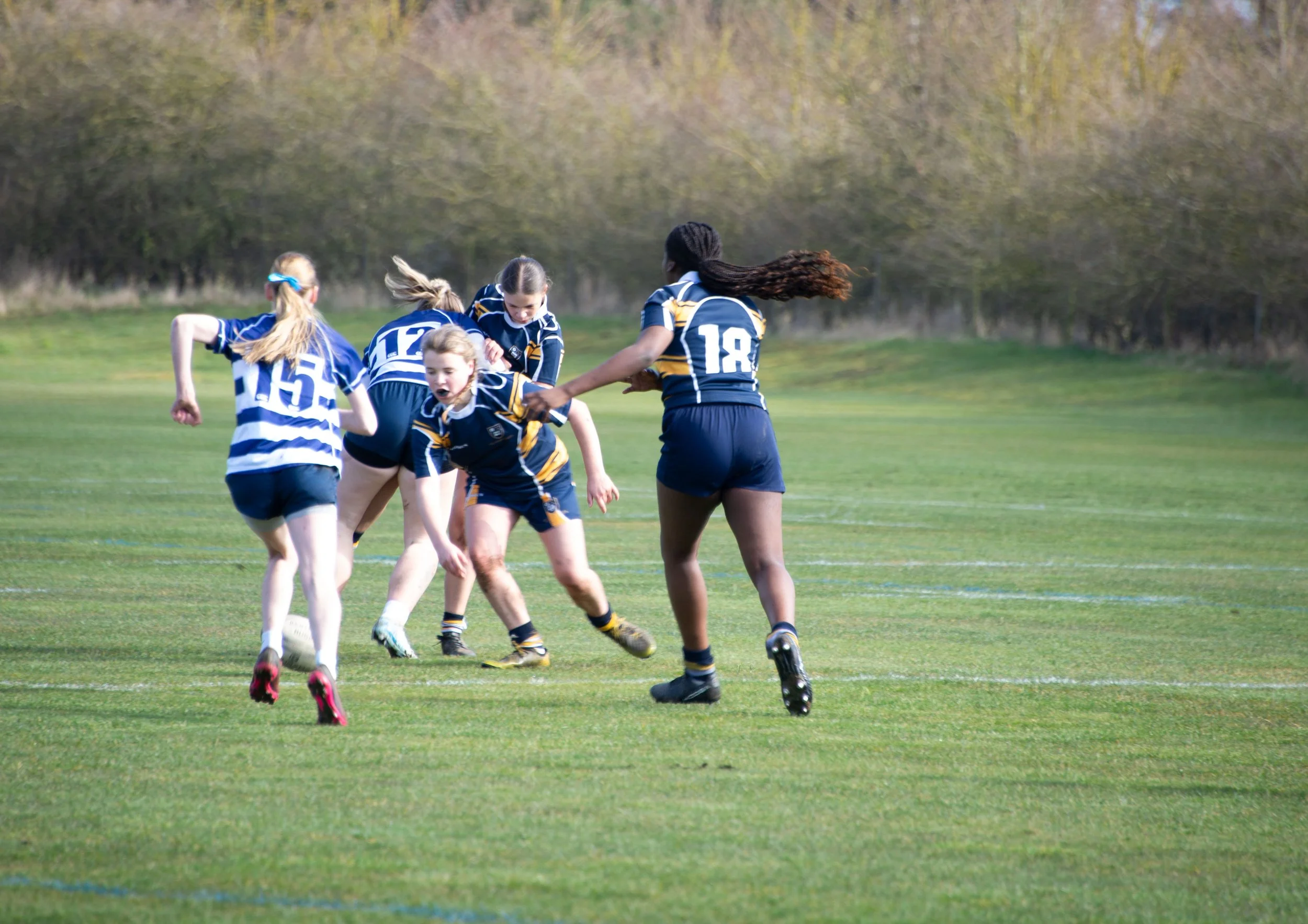 Girls playing rugby on a grassy field in a suburban or park setting during daytime, wearing blue and yellow jerseys.