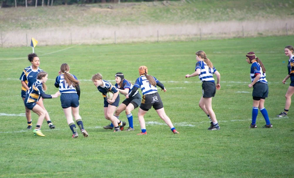 Youth girls playing rugby on a grassy field, some wearing protective headgear, wearing blue and white striped jerseys, engaged in a game, with a few players in different jerseys.