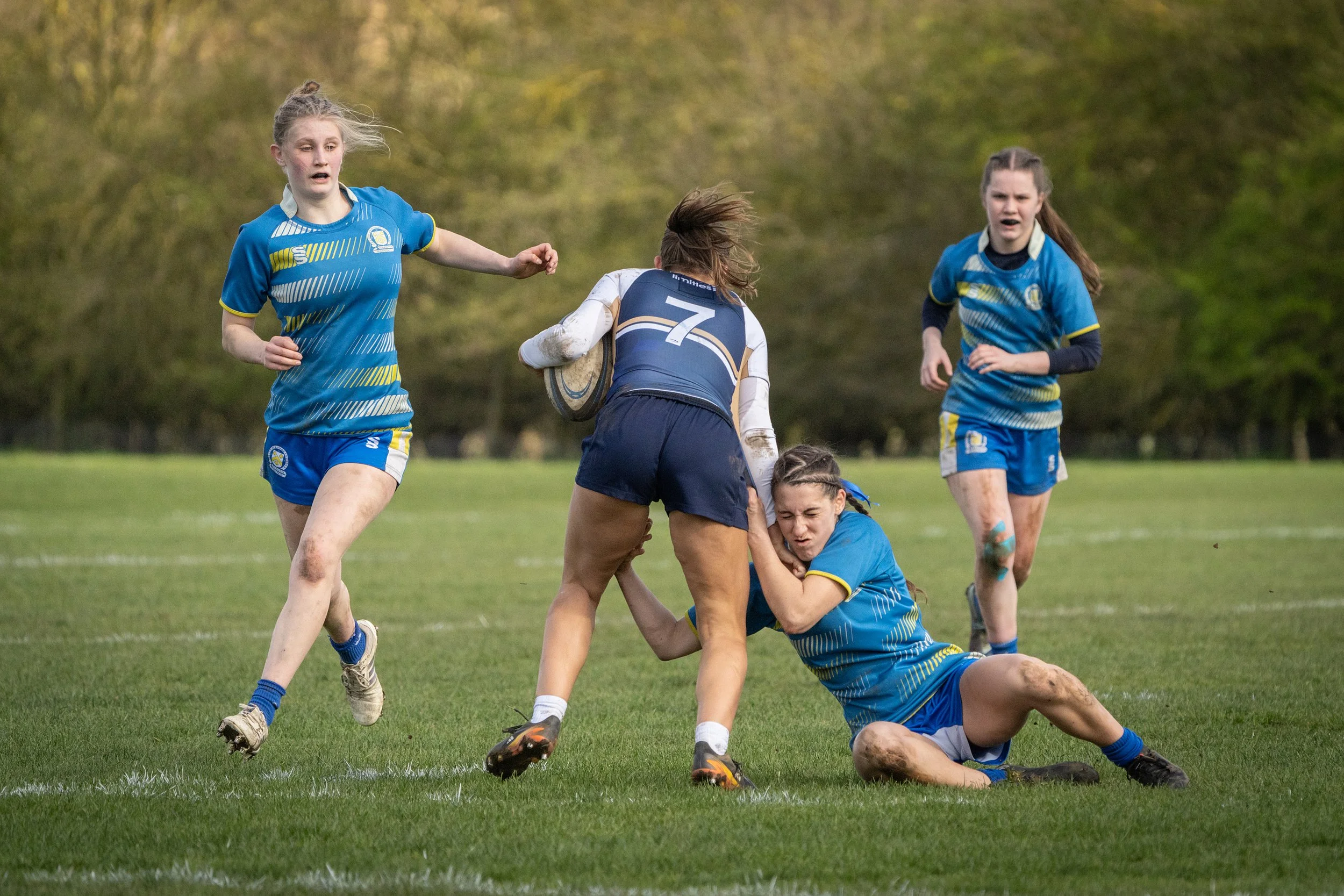 Girls playing rugby on a grassy field during daytime, some falling and others running, with a background of trees.