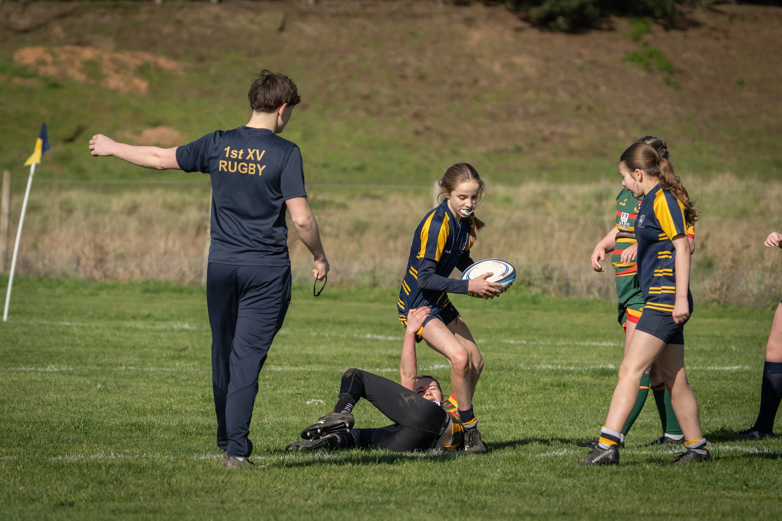A group of young girls and a referee participating in a rugby match outdoors on a grassy field, with some players sitting or standing and a referee overseeing the game.