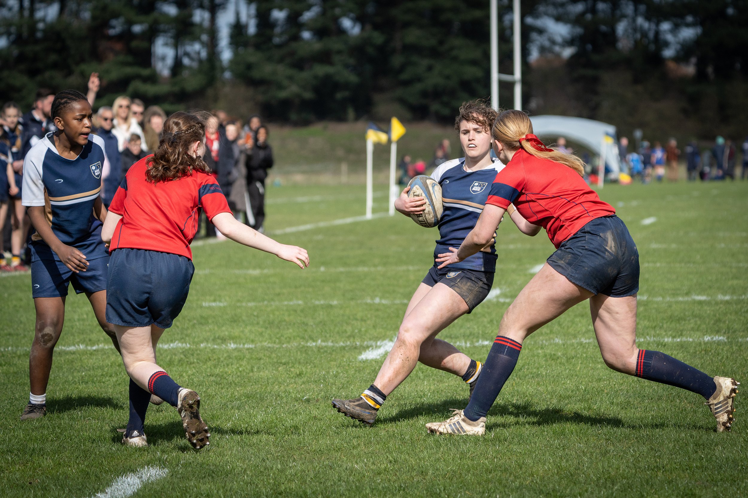 Young girls playing rugby on a grassy field with spectators in the background.