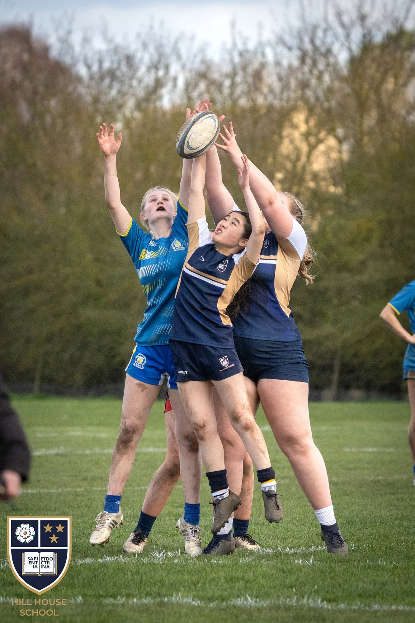 Girls rugby players jumping for the ball during a match on a grass field, with trees in the background and a school crest with the text 'HILL HOUSE SCHOOL' in the bottom left corner.