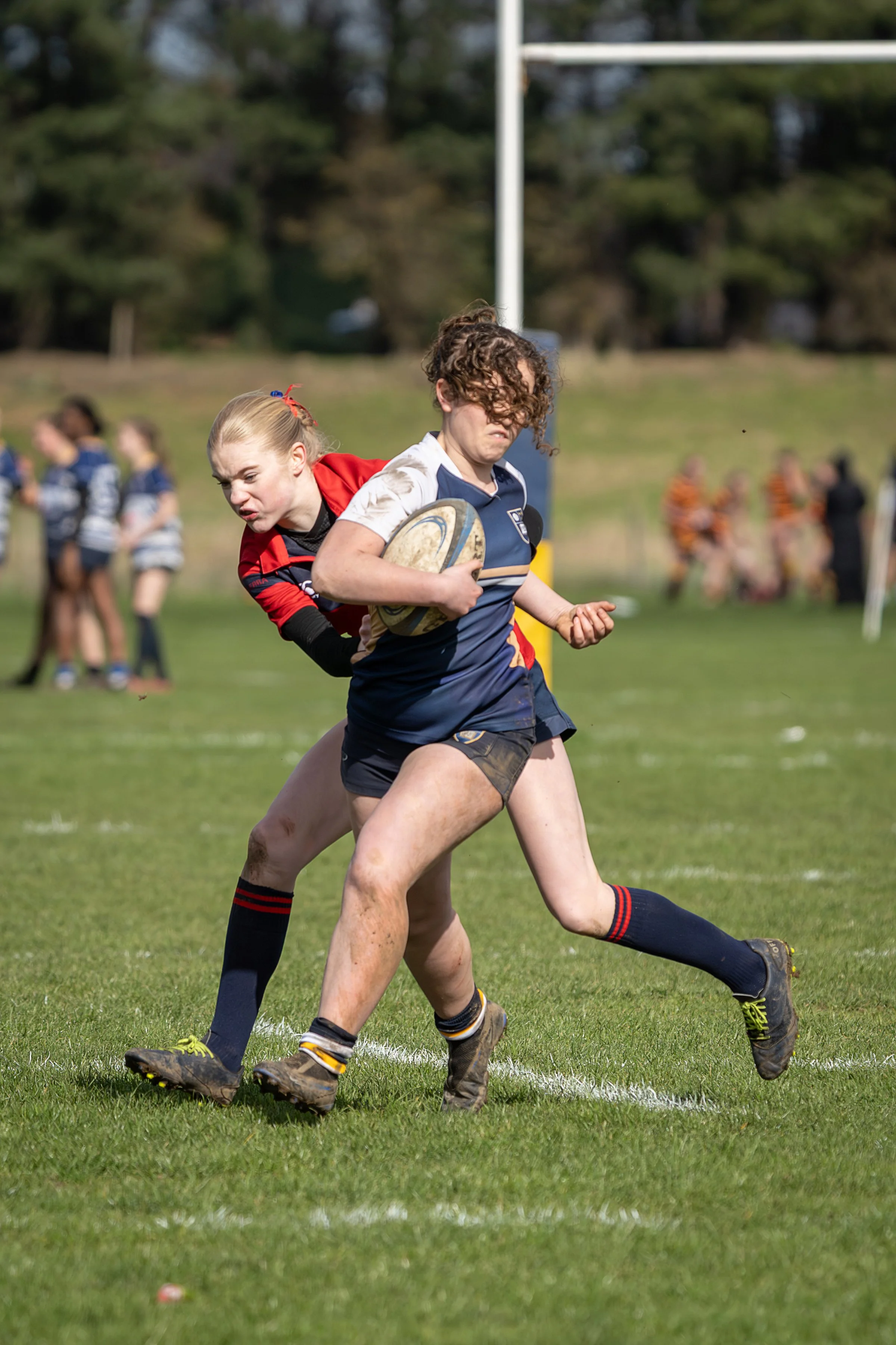 Two girls playing rugby on a grassy field with other players in the background, one girl holding the rugby ball and the other trying to block her.