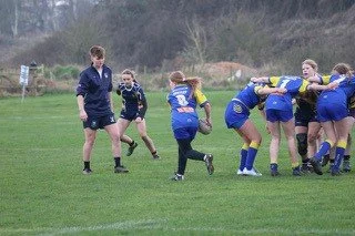 Youth girls playing rugby on a grassy field, some in a scrum, coaches observing.